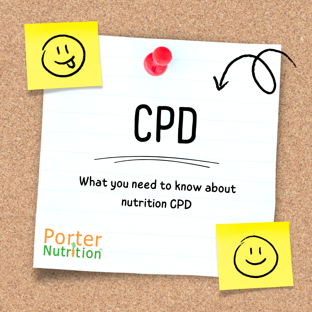 Post it note pinned onto a cork board which says CPD - what you need to know about nutrition CPD.