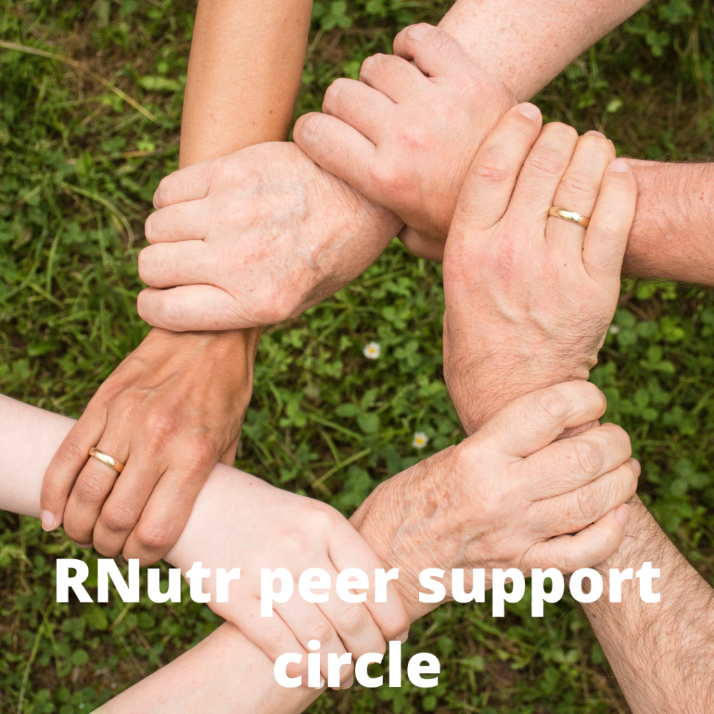 Hands joined together in support with the words RNutr Peer Support Circle written on it