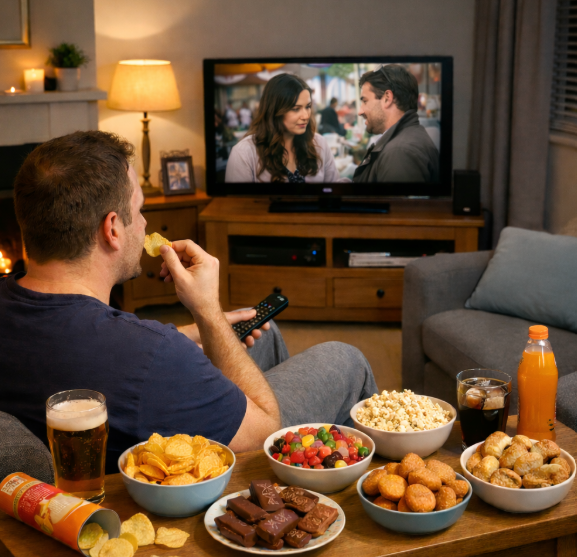 Adult male snacking in the evening watching television in their living room - created by Chat GPT